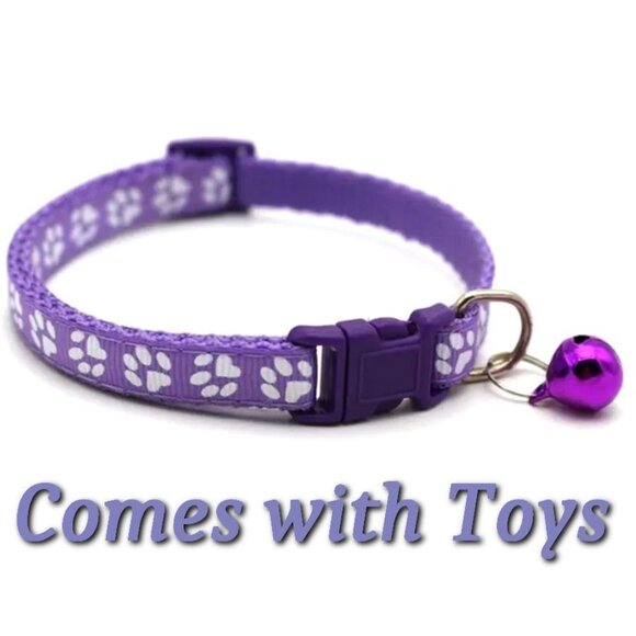 Sweet Heart Paw Print Purple Cat Collar with Bell and Toys Gift Package - Picture 1 of 10